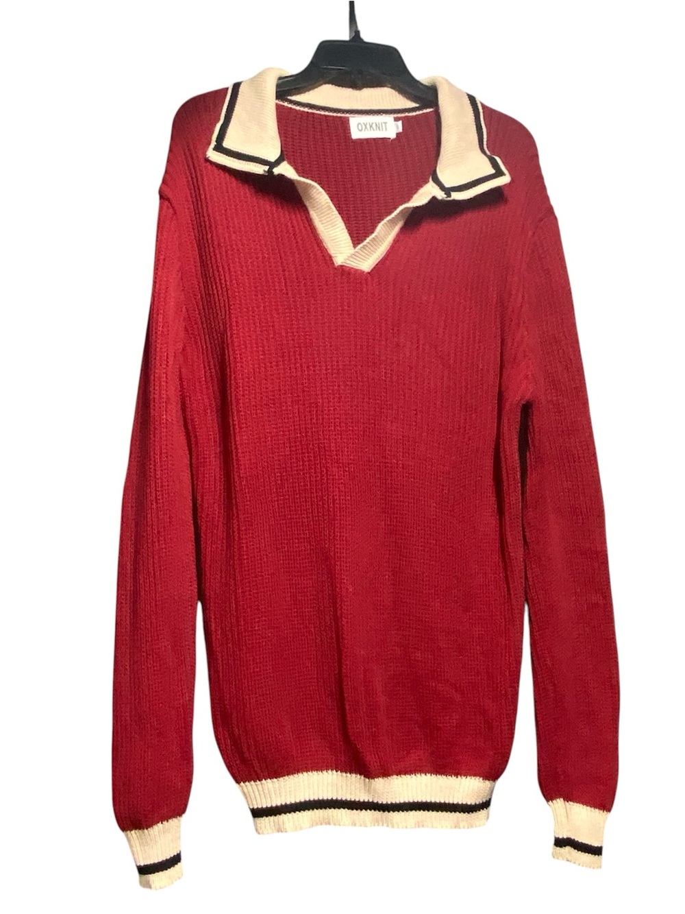 OXKnit Men's Red Collared Knit Sweater with Cream Trim